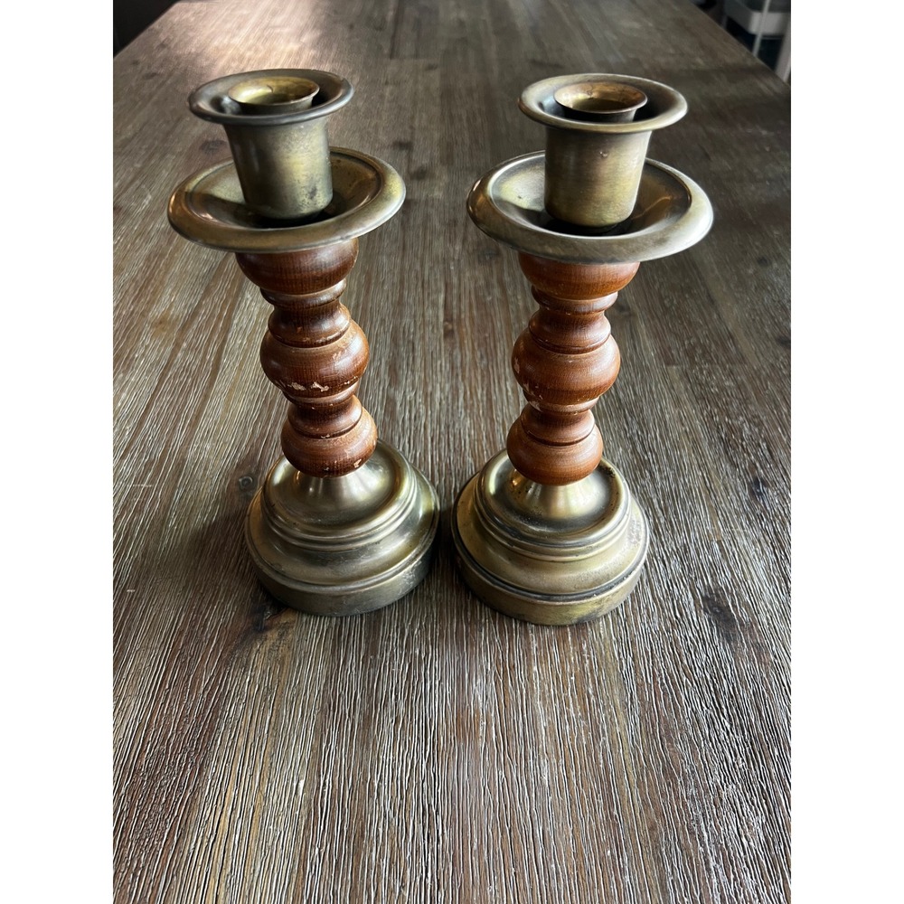 Vintage Brass and Wood Candlestick Holders Pair Traditional Taper Candle Stands